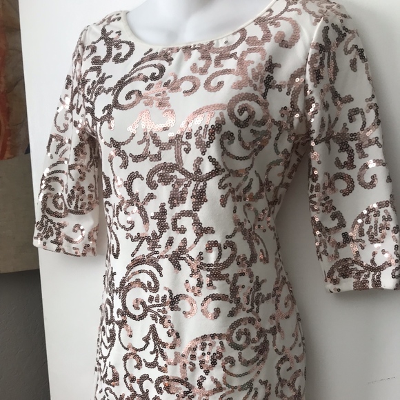 White Dress with Rose Gold Sequine Print - Picture 1 of 3